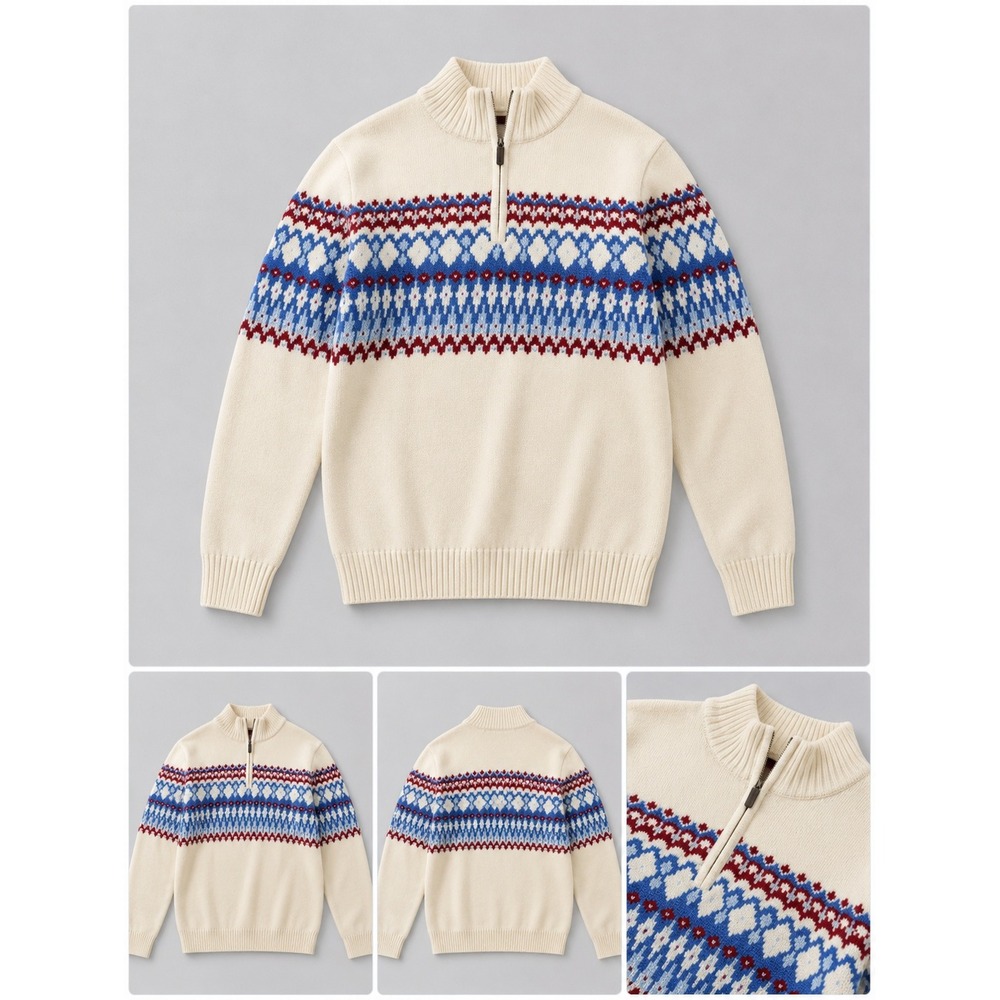 Mens XLT Fair Isle Quarter Zip Sweater Cream Blue Red Nordic Pullover NWT $85